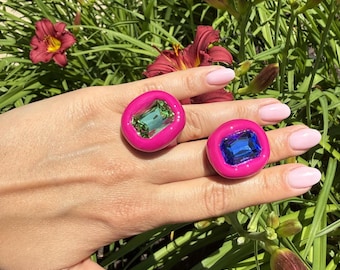 Miami Glow Crystal Ring, Bold Colorful Cocktail Jewelry, Handcrafted Statement Piece