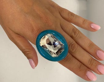Handmade Teal Crystal Statement Ring | Peacock Blue Cocktail Jewelry (Oversized)