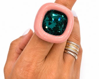 Handmade Polymer Clay Cocktail Ring | Pink Setting, Emerald Green Crystal