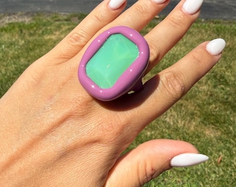 Noir Éclat Statement Ring | Mint Green Crystal Ring | Lavender Cocktail Ring | Pastel Statement Jewelry | Handmade Oversized Ring
