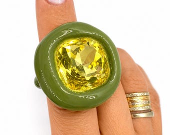 Rêve de Cristal Statement Ring | Olive Green Crystal Ring | Oversized Cocktail Ring | Handmade Polymer Clay Ring | Khaki Crystal Ring