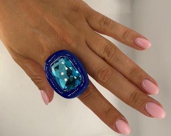 Noir Éclat Royal Blue Crystal Ring | Handmade Polymer Clay Statement Jewelry