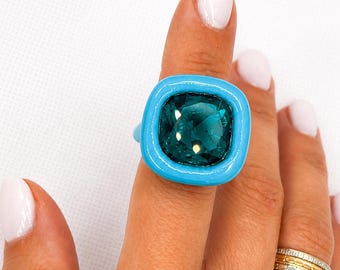 Handmade Teal Crystal Statement Ring | Sculpted Polymer Clay Jewelry