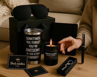 Exklusives schwarzes Geschenkbox-Set - Becher, Kerze & Notizbuch