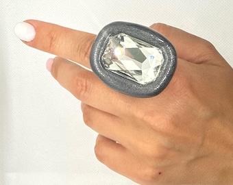 Handmade Gunmetal Silver Crystal Ring | Stardust Effect Cocktail Jewelry
