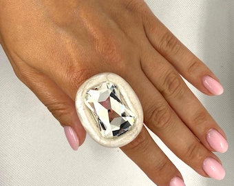 Noir Éclat Statement Ring | White Crystal, Pearlescent Polymer Clay (Handcrafted)