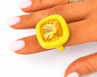 Rêve de Cristal Yellow Crystal Cocktail Ring | Handmade Polymer Clay Statement Jewelry