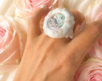 White Floral Statement Ring, Fairycore Ring, Bridal Cocktail Ring, Luxury Crystal Ring, Romantic Wedding Jewelry, Faelune Ring Gift