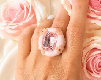 Pink Floral Statement Ring, Coquette Jewelry, Oversized Pastel Ring, Romantic Gift for Her, Cottagecore Ring, Bridesmaid Gift
