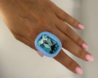 Noir Éclat Baby Blue Crystal Ring | Handmade Polymer Clay Statement Jewelry