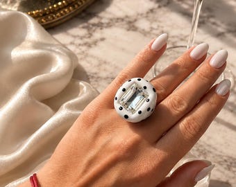 LA DIVA Statement Ring, Black White Cocktail Ring, Oversized Crystal Ring, Bold Fashion Jewelry, Unique Gift for Her