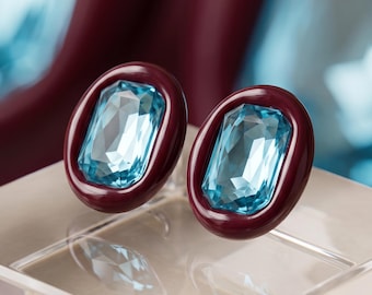 Burgundy Statement Stud Earrings, Blue Crystal Earrings, Handmade Luxury Earrings, Bold Jewelry Gift for Her, Elegant Studs