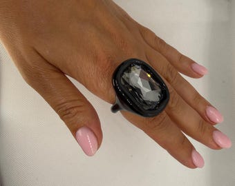 Noir Éclat Black Crystal Statement Ring | Oversized Polymer Clay Cocktail Ring