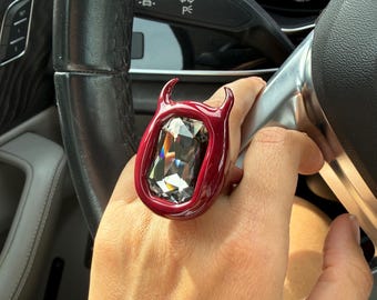 Sigrún Oversized Smoky Crystal Ring, Burgundy High-Gloss Setting, Sculptural Statement Jewelry