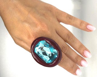 Noir Éclat Statement Ring | Burgundy Cocktail Ring | Aqua Crystal Ring | Oversized Polymer Clay Ring | Handmade Artisan Jewelry