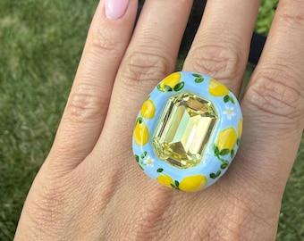 Handcrafted Amalfi Lemon Ring, Italian Summer Jewelry, Citrus Faceted Centerpiece