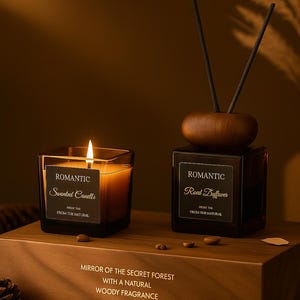 Puede incluir: Un juego de velas perfumadas y difusor de caña con la palabra "Romantic" en las etiquetas. La vela está en un recipiente de vidrio cuadrado, y el difusor tiene una tapa de madera. El juego está en una caja de madera con texto.