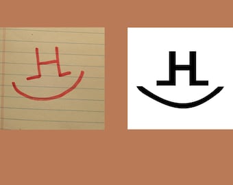 May include: The image presents two versions of a logo. The first is a hand-drawn red design on lined paper, featuring an "H" above a curved line. The second is a black and white version of the same design on a white background.