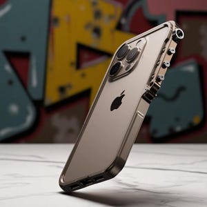 May include: A clear phone case with a metallic frame. The case has a transparent back, showcasing the phone's design and the Apple logo. The frame is a metallic color, and the case has a sleek, modern design. The background features graffiti art.