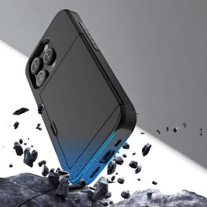 May include: A black smartphone case with a sleek design, featuring a camera cutout and a textured back. The case is shown in a dynamic pose, with debris around it, suggesting durability and protection.