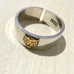 Silver Tiger Ring | Silver & Gold Adjustable Band | Men’s Animal Signet Ring | Gold Tiger Detail | Fierce Wild Cat Jewelry Gift Jungle Ring
