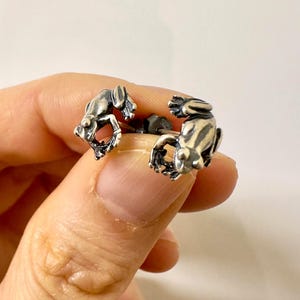 Op de afbeelding: Zilveren oorstekers in de vorm van kikkers. De oorbellen tonen twee gedetailleerde kikkerfiguren, elk met ingewikkelde texturen en een licht geoxideerde afwerking. De kikkers kijken elkaar aan, wat een uniek ontwerp creëert.