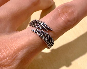 Feather Wing Ring – Adjustable Angel Wing Wrap Silver Ring, Boho Spiritual Jewelry, Guardian Angel Gift for Women & Men