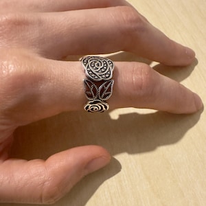 Vintage Rose Flower Ring, Adjustable Floral Band, Boho Sterling Silver Ring, Romantic Retro Jewelry, Gift for Her