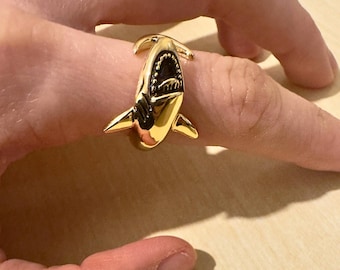 Gold Shark Ring | Adjustable Ocean Animal Ring | Unique Shark Jewelry Gift for Men & Women | Bold Nautical Statement Ring