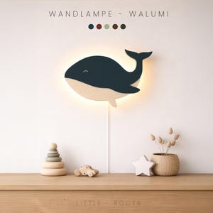 Wandlampe Wal Kinderzimmer | Holz Nachtlicht Kinder | LED Wandleuchte Kinderzimmer Deko | Geschenk Baby Meerestiere Junge Mädchen