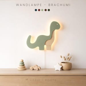 Wandlampe Dino Kinderzimmer | Holz Nachtlicht Kinder | LED Wandleuchte Kinderzimmer Deko | Geschenk Baby Dinosaurier Junge Mädchen