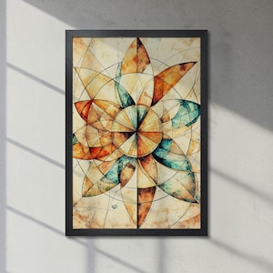 Elegante arte geométrico: póster abstracto enmarcado con estampado floral beige, azul, marrón y naranja para sala de estar. Idea de regalo. Envío rápido.