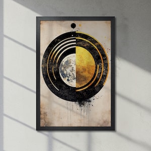 Lunar Phases Framed Abstract Poster – Gold Moon Art, Geometric Circles Black and Gold Design Print, Celestial Decor for Home, Fast Shipping