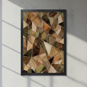 Framed Abstract Poster - Green, Brown and Beige Geometric Mosaic, Contemporary Art Earthy Toned Decor for Office - Gift Idea, Fast Shipping