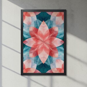 Póster abstracto floral vibrante enmarcado con patrones geométricos en rosa y azul, decoración floral contemporánea semétrica para comedor, envío rápido.