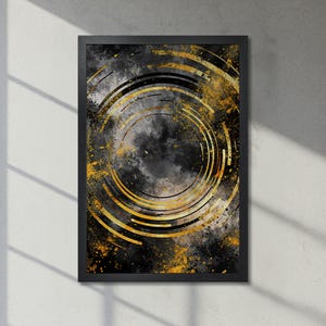 Arte de anillos negros y dorados - Póster abstracto enmarcado - Círculos geométricos, impresión contemporánea oscura, decoración para oficina - Idea de regalo, envío rápido