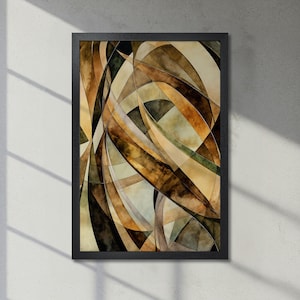 Póster abstracto enmarcado - Arte mural con curvas geométricas en marrón, verde y beige, decoración artística contemporánea para sala de estar - Idea de regalo, Envío rápido