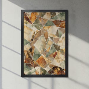 Arte geométrico contemporáneo - Póster abstracto enmarcado - Arte en mosaico con detalles en beige, marrón y verde, elegante decoración de pared para el hogar, envío rápido
