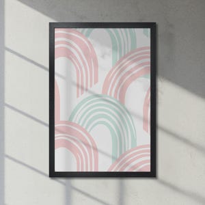 Póster abstracto enmarcado con arte arcoíris pastel: impresión enrollable contemporánea, decoración minimalista en verde menta y rosa para el hogar. Envío rápido.
