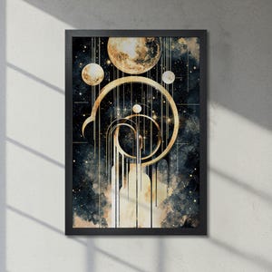Póster abstracto enmarcado con cielo estrellado y planetas, arte espacial en negro y dorado, elegante decoración para la entrada. Envío rápido.