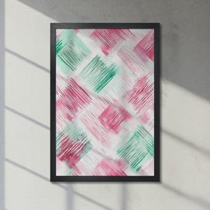 Póster abstracto enmarcado: Cuadrados rayados con detalles en rosa y verde. Impresión artística contemporánea. Decoración vibrante para el hogar. Envío rápido.