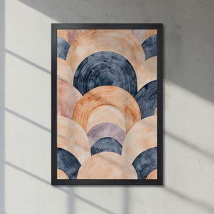 Póster abstracto enmarcado con estampado de arcos en tonos pastel azul, beige y rosa. Decoración minimalista moderna para oficina. Regalo perfecto. Envío rápido.
