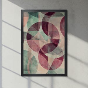 Patrón con detalles en beige, verde y rosa: póster abstracto enmarcado, impresión geométrica en tonos apagados, decoración de pared contemporánea, envío rápido.