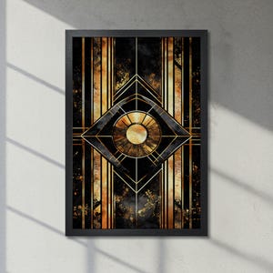 Póster abstracto enmarcado: líneas y patrones geométricos. Impresión artística en negro y dorado. Decoración de pared contemporánea para sala de estar. Envío rápido.