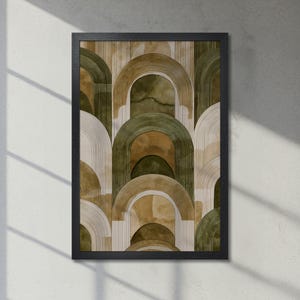 Póster abstracto enmarcado - Arte geométrico para pared, con patrones de arcos beige, verdes y marrones - Impresión minimalista, decoración contemporánea para el hogar, envío rápido