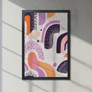 Arte con formas geométricas curvas vibrantes - Póster abstracto enmarcado, arte blanco, decoración alegre en naranja, rosa y morado - Regalo para ella, envío rápido
