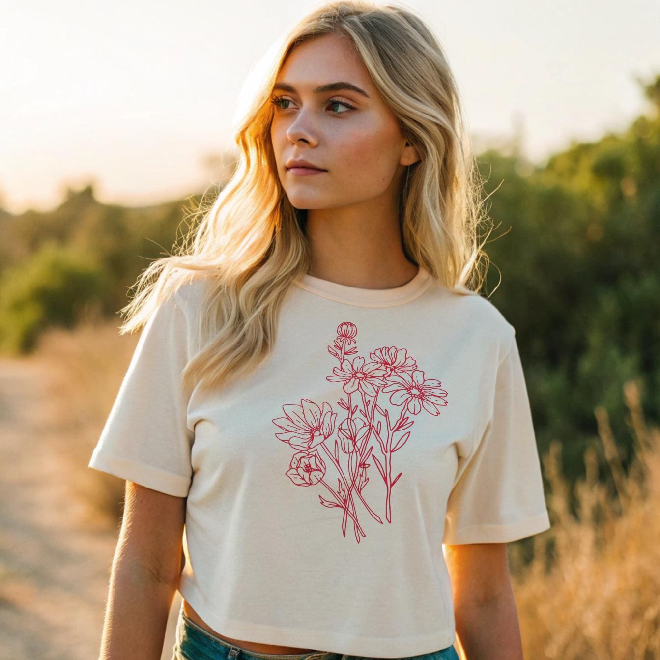 Vintage Floral Boxy Crop Top, Boho Line Art, Comfort Colors Boxy Tee, Womens Loose Fit Flower Shirt, Botanical Womens print tee