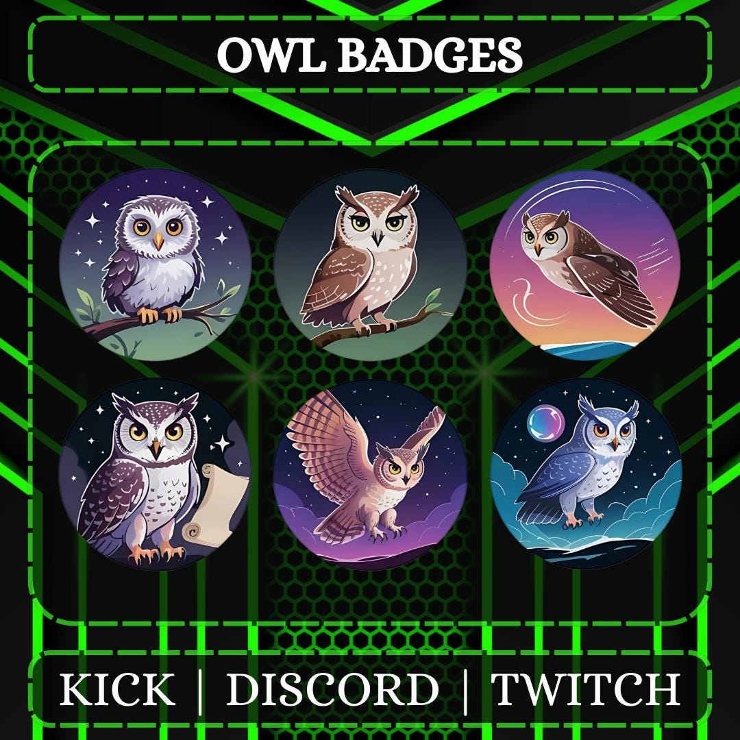Owl Streaming Badges for Twitch, YouTube, Discord (Digital Download)