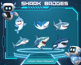 May include: A set of six cartoon shark badges for Twitch, Kick, and Discord. The badges feature different shark designs in blue and white, with a variety of expressions.