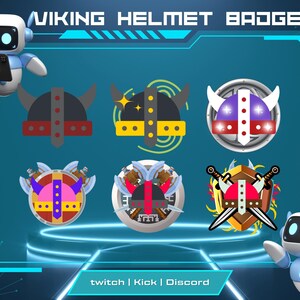 May include: A digital graphic featuring six Viking helmet badges in various designs. The helmets are in red, yellow, and white, with horns and decorative elements. The text "VIKING HELMET BADGES" is at the top, with "twitch | Kick | Discord" at the bottom.